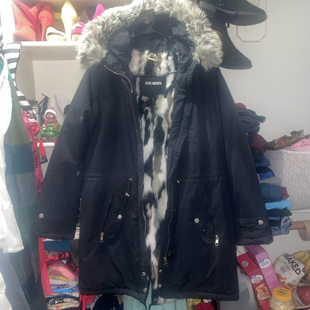 Steve Madden Dark Coat with Faux Fur Hood